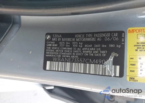 2007 BMW 530I from USA, damaged, VIN WBANE73557CM49039